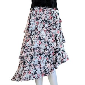 BCBGMaxazria Tiered Ruffle Asymmetric Abstract Print Midi-skirt